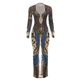 Long sleeve hollow out o ring print mesh cut out maxi dress