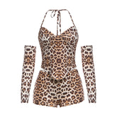 Leopard print self tie halter gloves v neck pant set