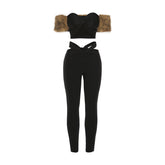 Fluffy hollow out sweetheart neck low rise pant set