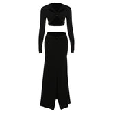 Hollow out long sleeve o ring slit maxi skirt set