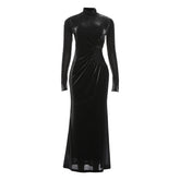 Ruched hollow out long sleeve high neck cut out maxi dress