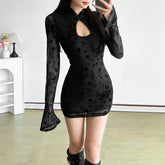 Long flared sleeve hollow out flower print cut out mini dress