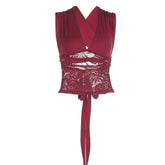 V neck lace patchwork self tie solid top
