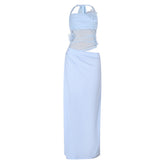 Self tie halter flower applique mesh hollow out cut out maxi dress