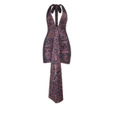 Leopard print v neck ruched halter self tie mini dress