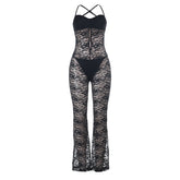 Lace hollow out cross back solid jumpsuit
