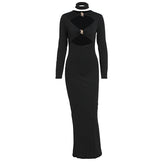 Long sleeve hollow out crewneck solid cut out midi dress