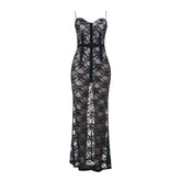 V neck lace backless cami maxi dress