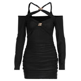 Cross front ruched long sleeve hollow out cut out mini dress