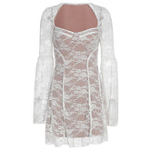 Long sleeve v neck lace patchwork mini dress