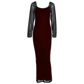U neck long sleeve mesh slit midi dress
