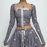 Long sleeve lace bowknot print square neck top