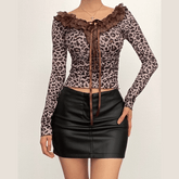 Long sleeve ruffle leopard print bowknot ribbon top