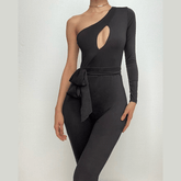 One shoulder hollow out irregular solid zip-up jumpsuit-final-sale