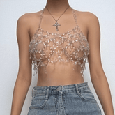 Metal chain plastic crystal halter backless crop top