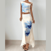 Off shoulder flower print lace hem maxi skirt set
