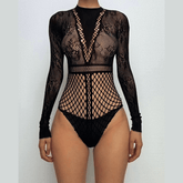 Long sleeve fishnet lace patchwork bodystocking