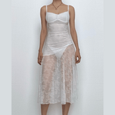 Lace ruched see through cami midi dress