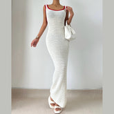 U neck backless knitted self tie cami maxi dress