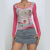 Square neck long sleeve cross back self tie print top