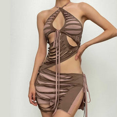 Contrast low cut hollow out self tie irregular mini skirt set-final-sale