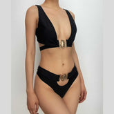Metal applique solid self tie v neck sleeveless bikini swimwear