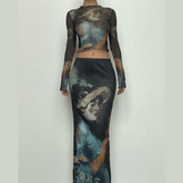 Long sleeve print sheer mesh ruffle crop top
