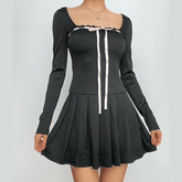 Lace hem square neck contrast long sleeve pleated mini dress-final-sale