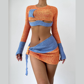 Knitted patchwork contrast long sleeve hollow out mini skirt set