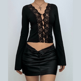 Long sleeve v neck lace hem button top