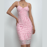 Bowknot mesh print ruffle v neck cami midi dress