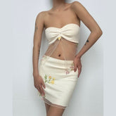 Beaded ruched mesh embroidery tube top