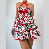 Bowknot flower print lace hem cross front mini dress