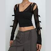 Long sleeve bowknot mesh v neck hollow out cut out top