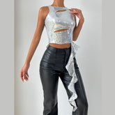 Crewneck glitter hollow out ruffle irregular crop cut out top
