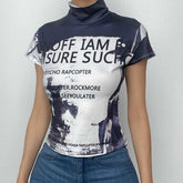 High neck short sleeve letter print contrast top-final-sale