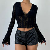 V neck lace hem long sleeve solid top