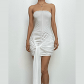 Backless ruched mesh self tie solid tube mini dress-final-sale