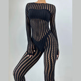 Long sleeve round neck gloves hollow out jumpsuit