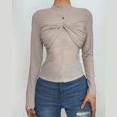 Ruched high neck zip-up long sleeve solid top-final-sale