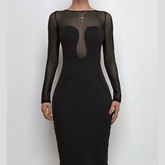 Long sleeve mesh patchwork button midi dress-final-sale