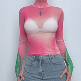 Long sleeve high neck print sheer mesh contrast top