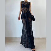 Crewneck sleeveless ruched lace maxi dress