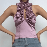 Halter ruffle ruched satin backless top-final-sale
