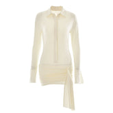 Turnover collar long sleeve button ruched mini dress-final-sale