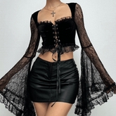 Long flared sleeve velvet lace patchwork ruffle lace up crop top