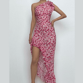 One shoulder knotted slit flower print ruffle maxi dress