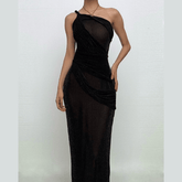 One shoulder irregular patchwork slit cami maxi dress-final-sale