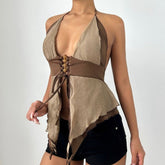 Hollow out v neck halter self tie ruffle cut out top