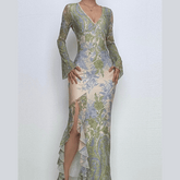 Long flared sleeve ruffle irregular slit print midi dress
